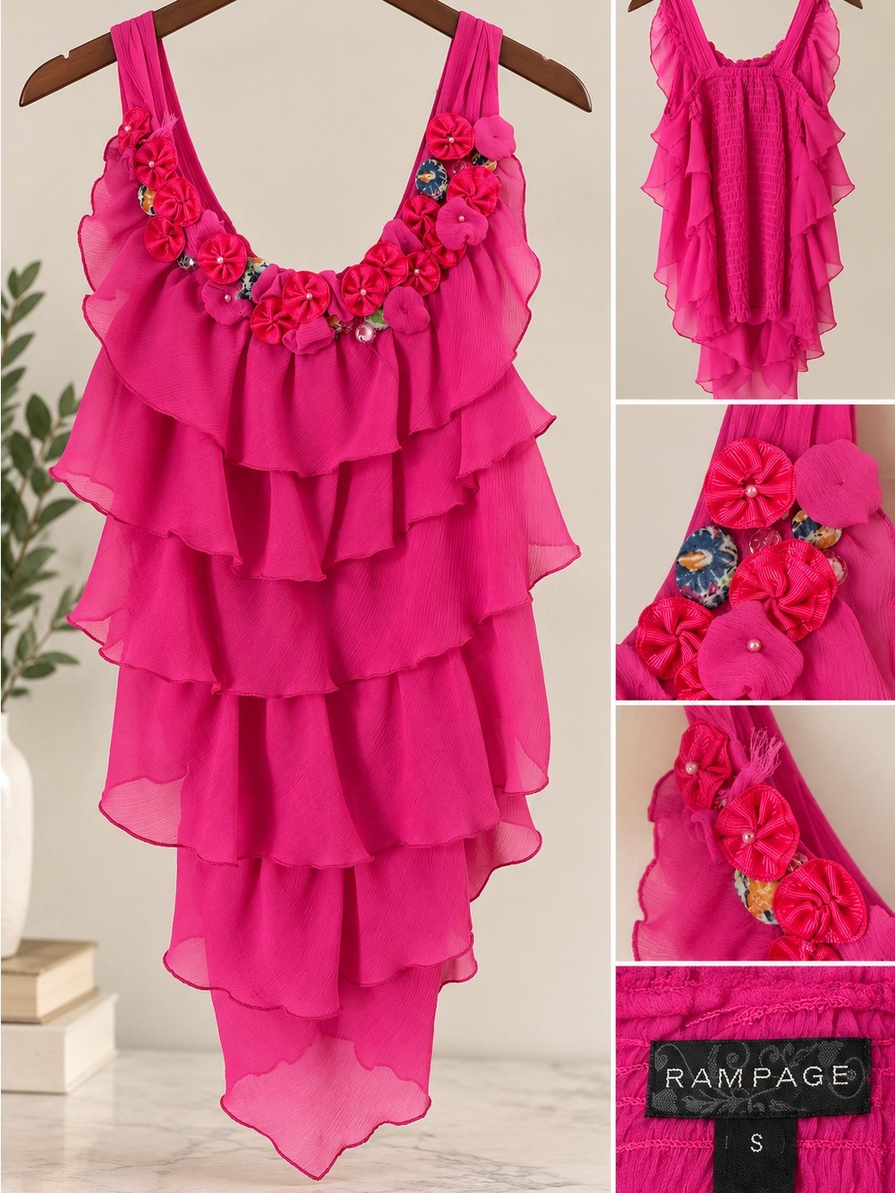 💗 Y2K Rampage Hot Pink Ruffle Rosette Top – Size Small